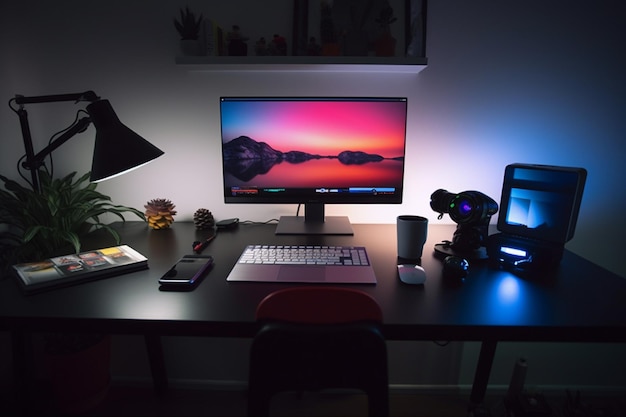 A desk with a laptop and a monitor that says " the word " on it "