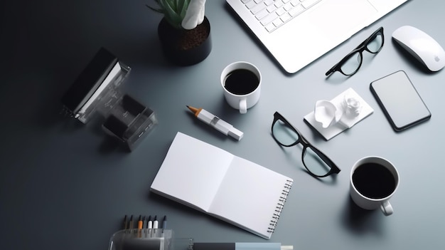 A desk with a laptop, notebook, pen, and glasses on it.