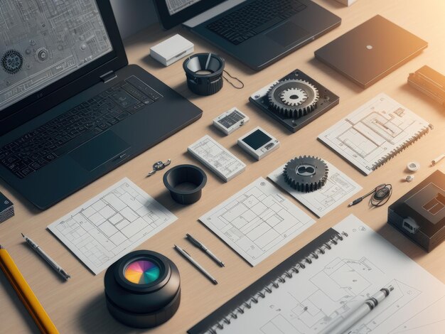 A desk with a laptop, a notebook, a pen, a pen, a pen, and a pen on it.