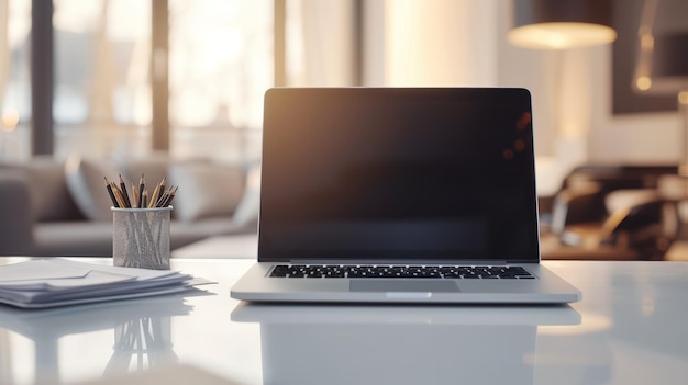 A desk with a laptop pencils and papers on it