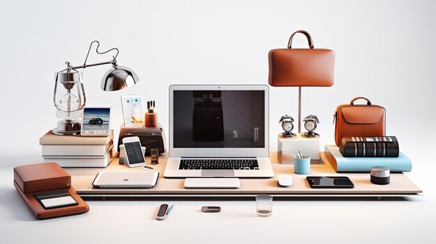 a desk with a laptop, phone, and other items on it.