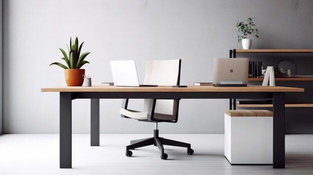 A desk with a laptop and a plant on it