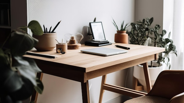 A desk with a laptop and a plant on it