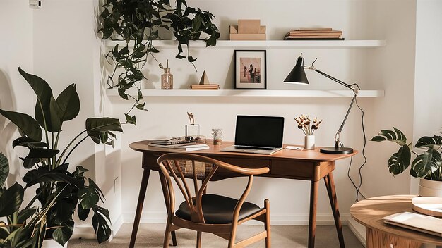 Photo a desk with a laptop and a plant on it