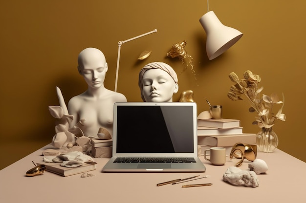 Photo a desk with a laptop and a statue of a woman on it