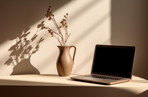 desk with laptop vase and lamp on white table