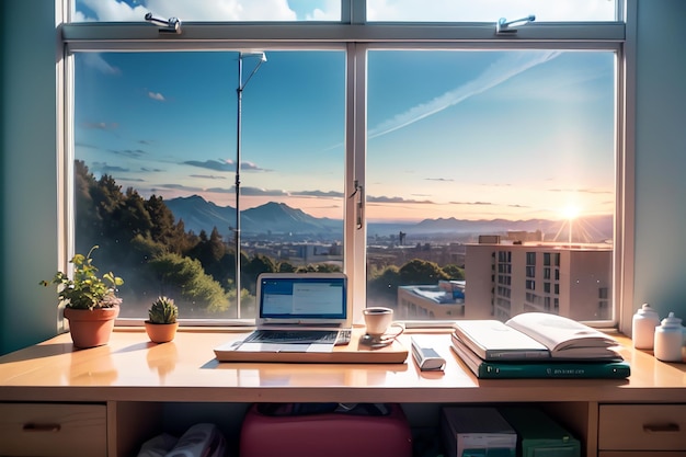 A desk with a laptop and a view of the city of seattle.