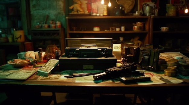 A desk with a machine and a gun on it