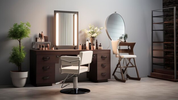 a desk with a mirror and a chair in front of it