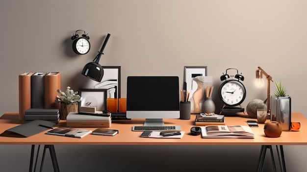 a desk with a monitor, a clock, and a picture of a clock on it.