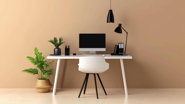 a desk with a monitor and a lamp on it