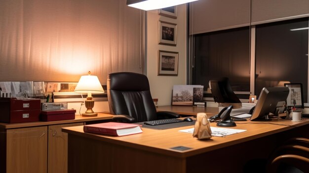 a desk with a monitor and a lamp on it