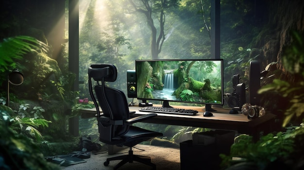 A desk with a monitor and a monitor with a waterfall in the background.