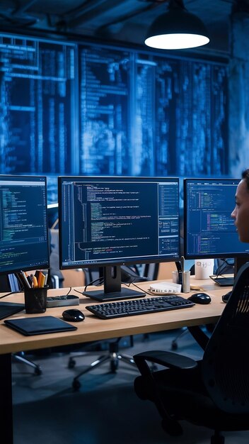 desk with multiple computer monitors displaying parsing code and programming language compiling in