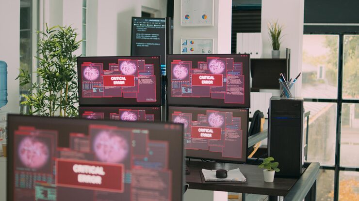 Photo desk with multiple monitors displaying error message on screen, computer server being hacked. empty software developing agency office with system error security and hacking alert.