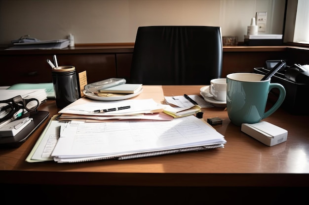 A desk with neatly organized paperwork a pen and a cup of coffee created with generative ai