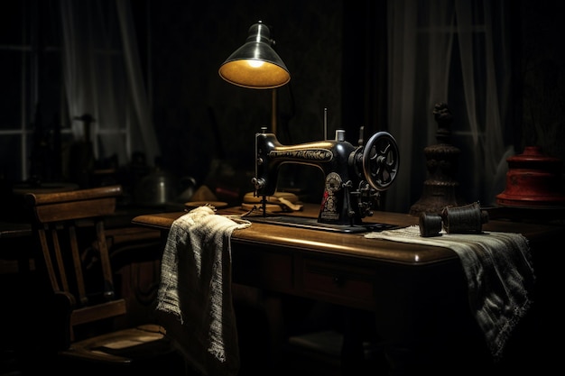 A desk with an old sewing machine and a lamp