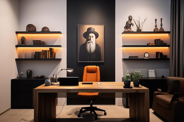 A desk with an orange chair in front of a wall with a picture of A JEWISH RABBI