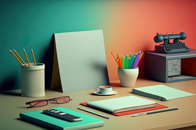 A desk with a painting and a phone on it