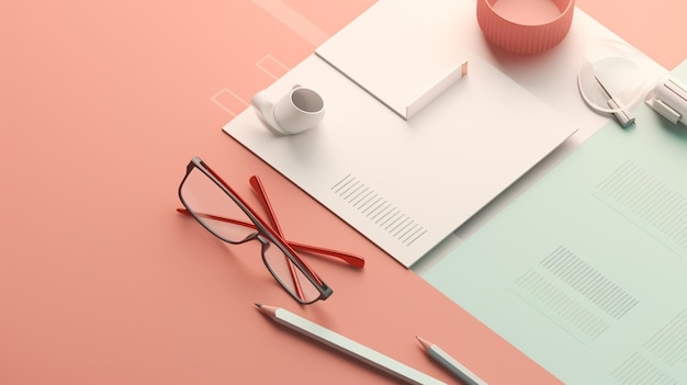 A desk with a pen, glasses, a cup and a pen on it.