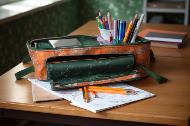 A desk with a pencil case and notebook ready for school created with generative ai