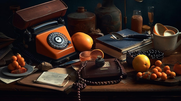 A desk with a phone and books on it