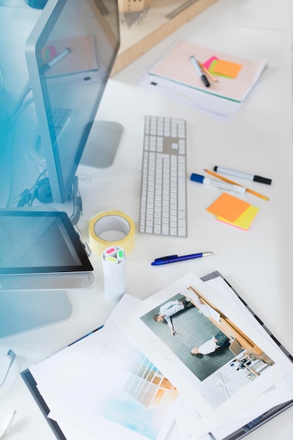 Desk with photo and documents in office