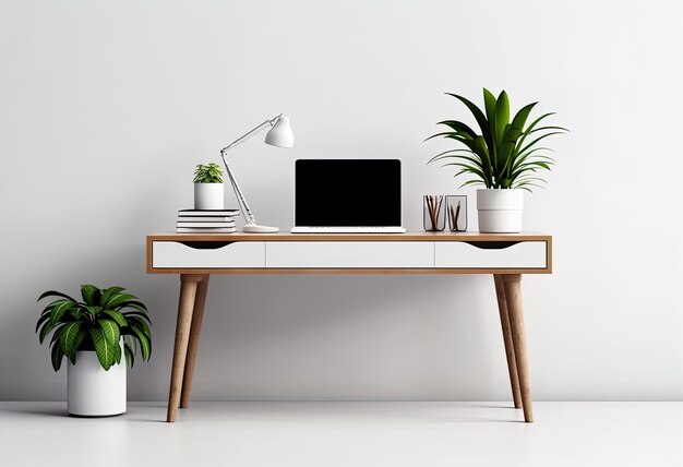 a desk with a plant on it and a lamp on it