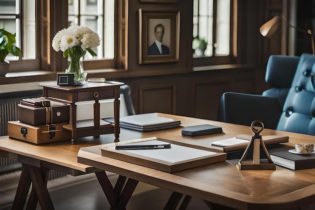 A desk with a portrait of a woman in a portrait