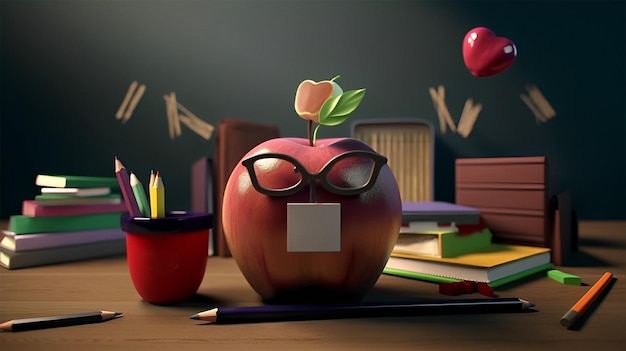 Photo a desk with a red apple with glasses and a pencil on it composition of teacher's day elements