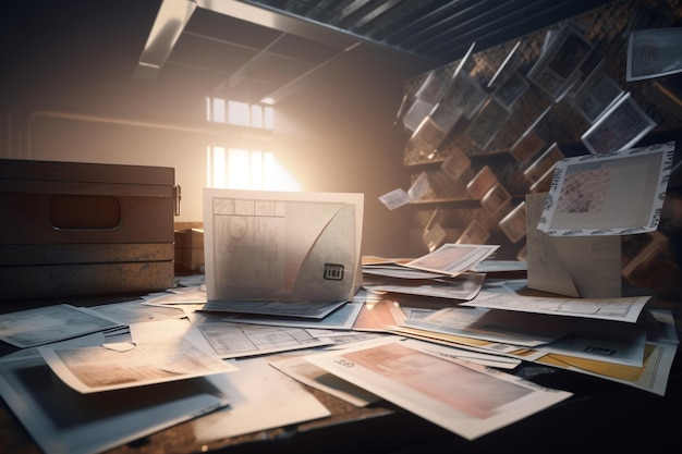 A desk with a stack of boxes and a box with the word mail on it.