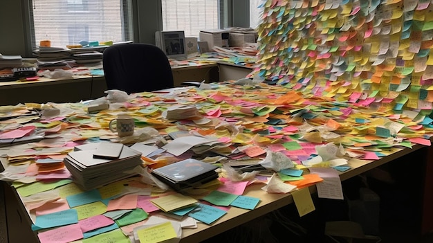A desk with a stack of post it notes on it