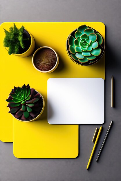 Desk with stationery succulent and yellow wall for copy space