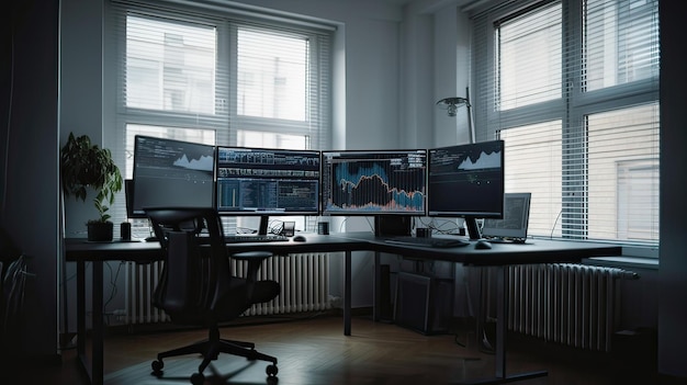 A desk with three monitors and one of them has a black chair.