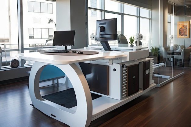 Foto una scrivania con un tapis roulant integrato per un ambiente di lavoro attivo creato con l'intelligenza artificiale generativa