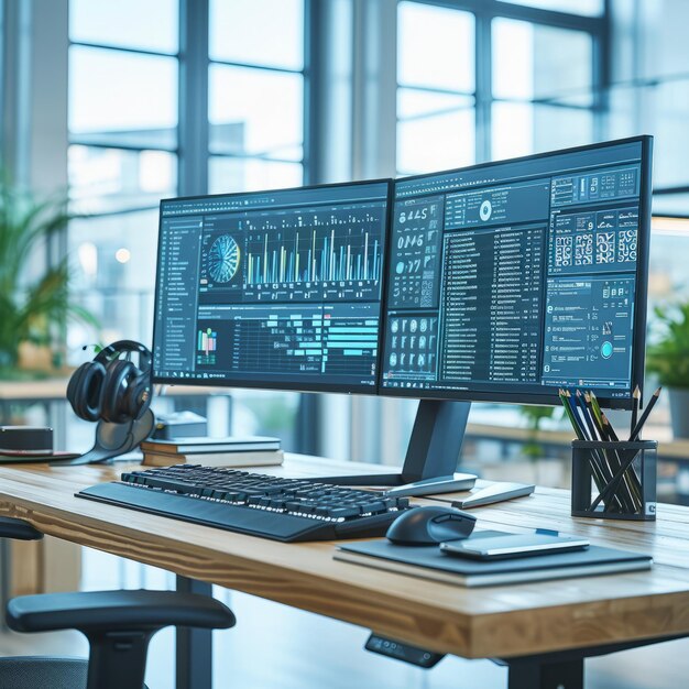 A desk with two computer monitors a keyboard a mouse and a headphones