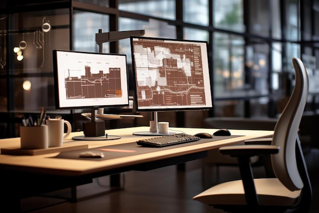 Photo a desk with two monitors and a mug on it