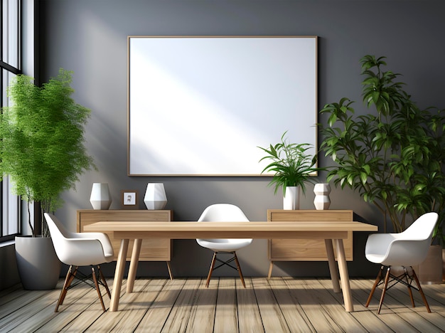 Desk with two white chairs on a white wall mockup Mockup 3D rendering office study Generated AI