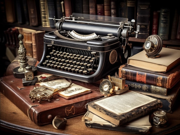 A desk with a typewriter and books on it