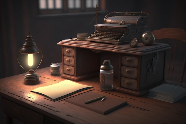 A desk with a typewriter and a lamp on it.