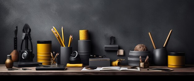 A desk with various products pens and plants