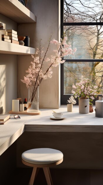 Photo a desk with a vase of flowers by the window