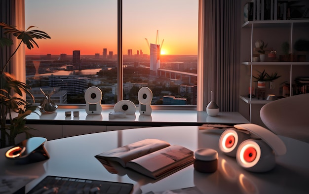 A desk with a view of the city at sunset