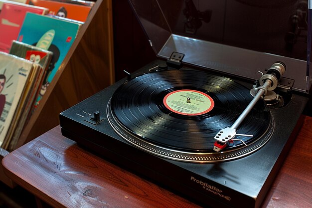 Desk with a vintage turntable and vinyl record collection