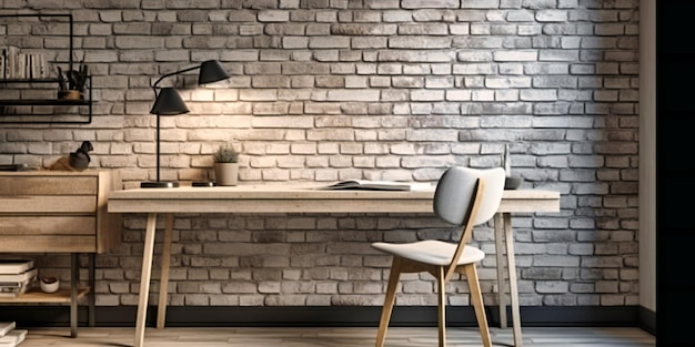 A desk with a white chair and book in front of the brick wall