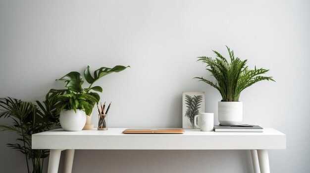 A desk with a white table and a potted plant on it.