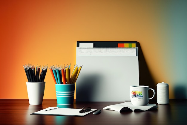 A desk with a whiteboard, a mug, a pencil and a pencil on it.