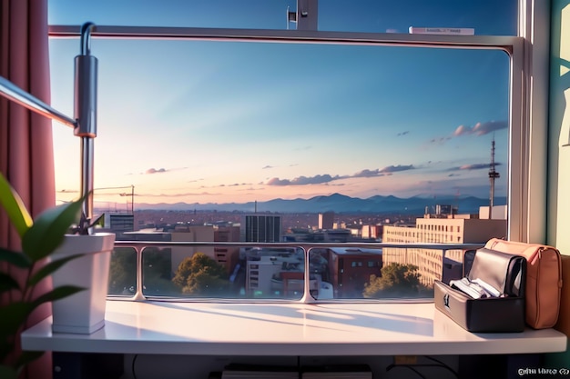 A desk with a window that says " the city of denver " on it.