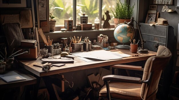 A desk with a wooden chair and a globe on it