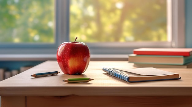 Desk with writing materials a book and an apple in organized room generative ai